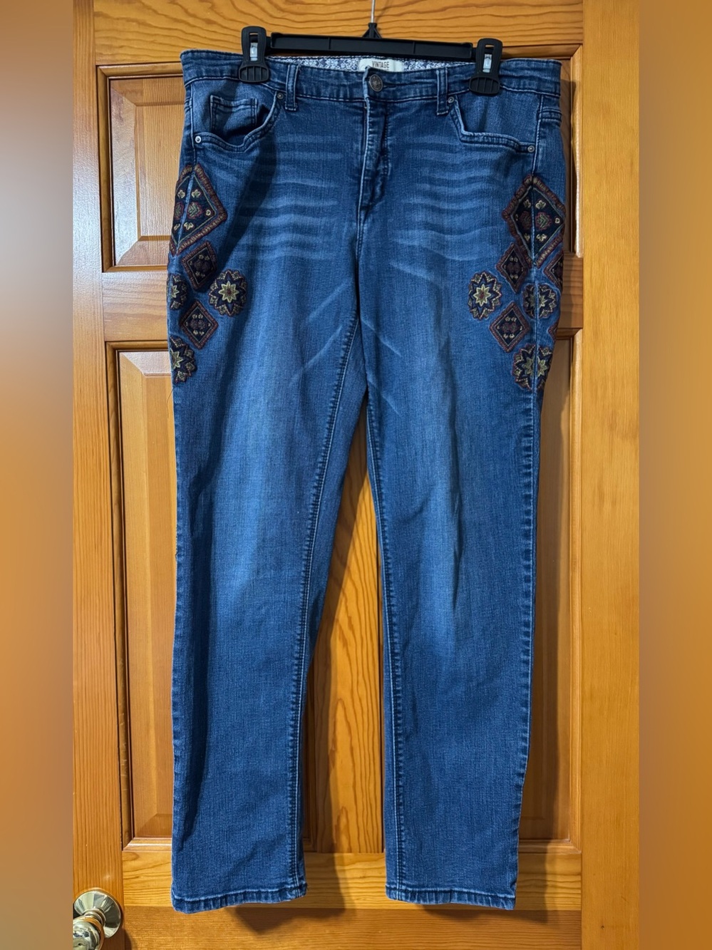 Vintage America Blue Skinny Jeans with Embroidered Side Motifs Size 12